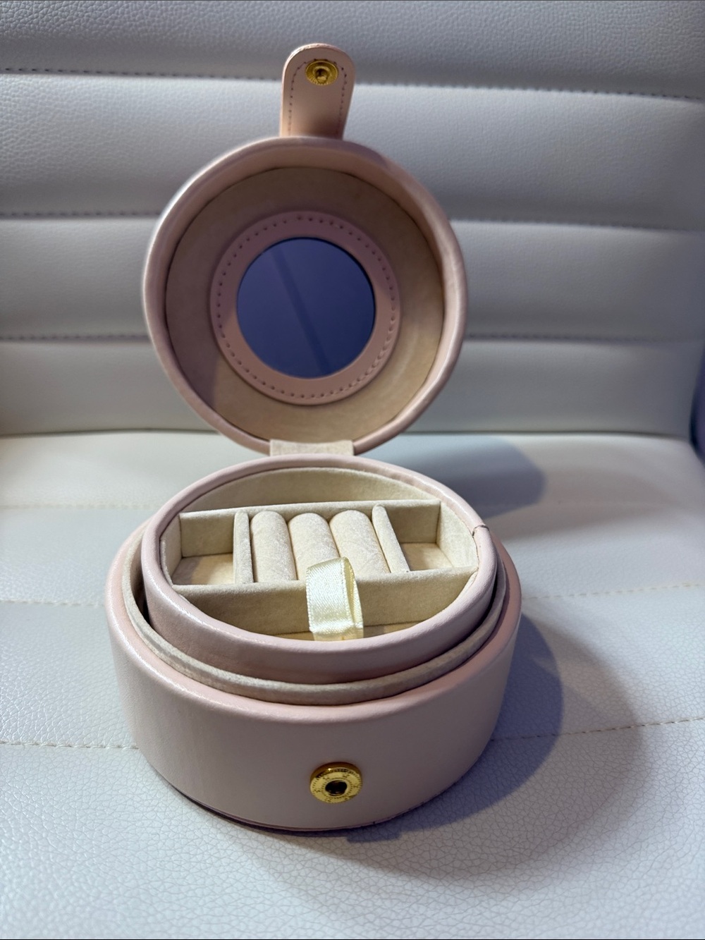 Compact Pink Travel Jewelry Box with Mirror
